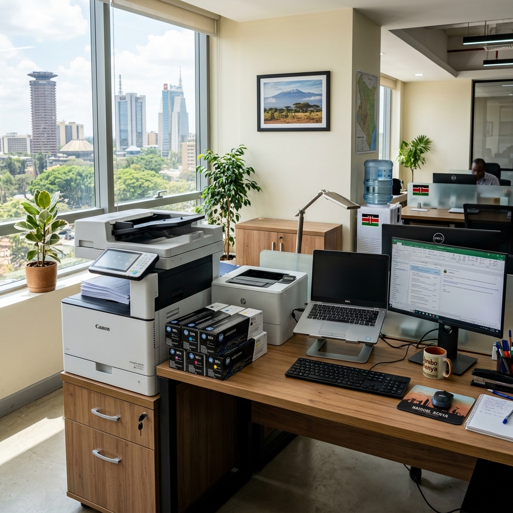 Office desk with printer copier